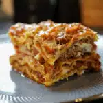 Klassisk lasagne med kjøttsaus og béchamel, servert på grå tallerken